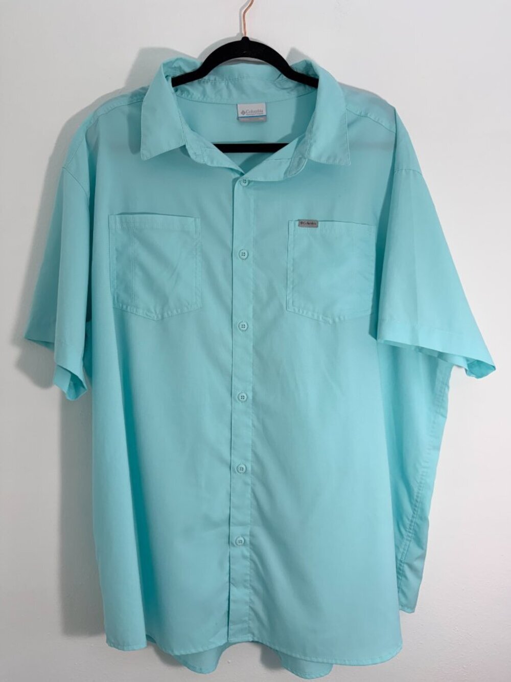 Columbia PFG Fishing Shirt XXL Aqua Blue Short Sleeve Performance Button Front - Picture 2 of 4